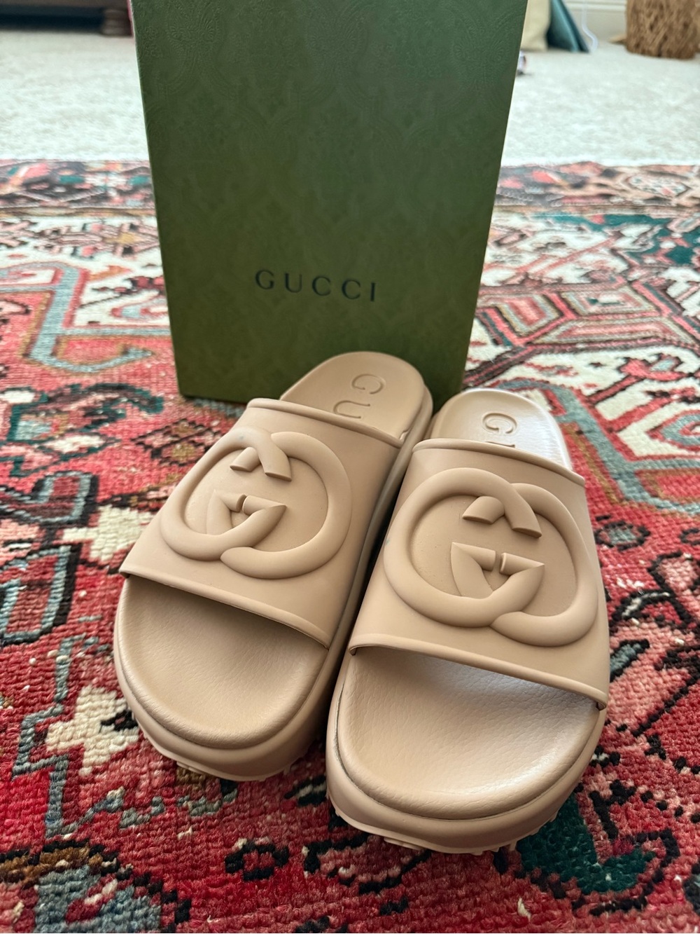 Gucci Beige GG Rubber Slide Sandals